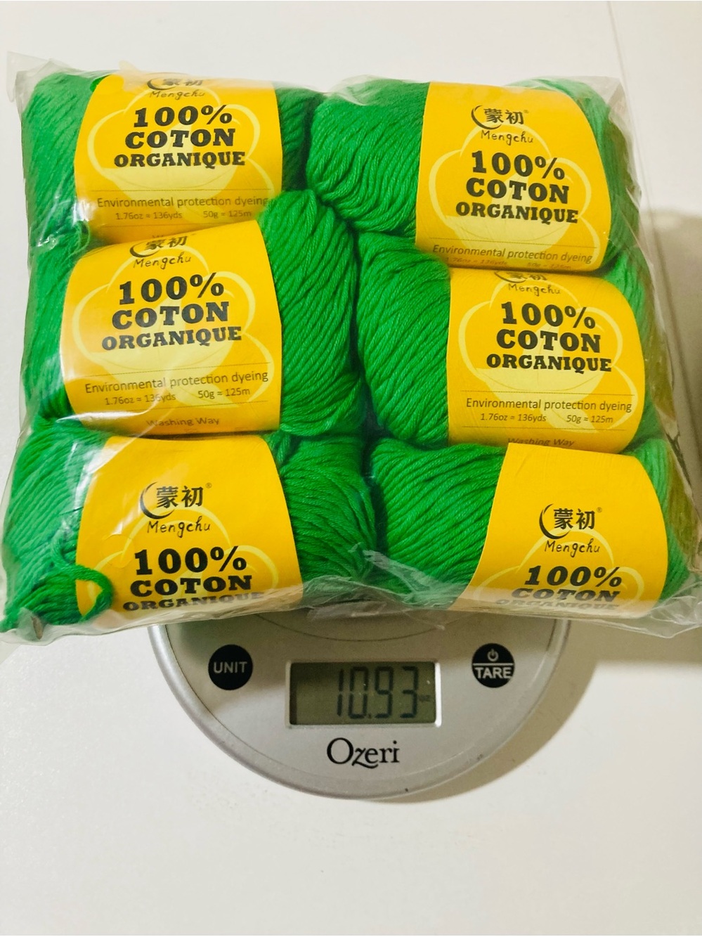 NWT 6 Mengchu 100% Organic Cotton Yarn Color Primary Green ~48g ea 10oz total